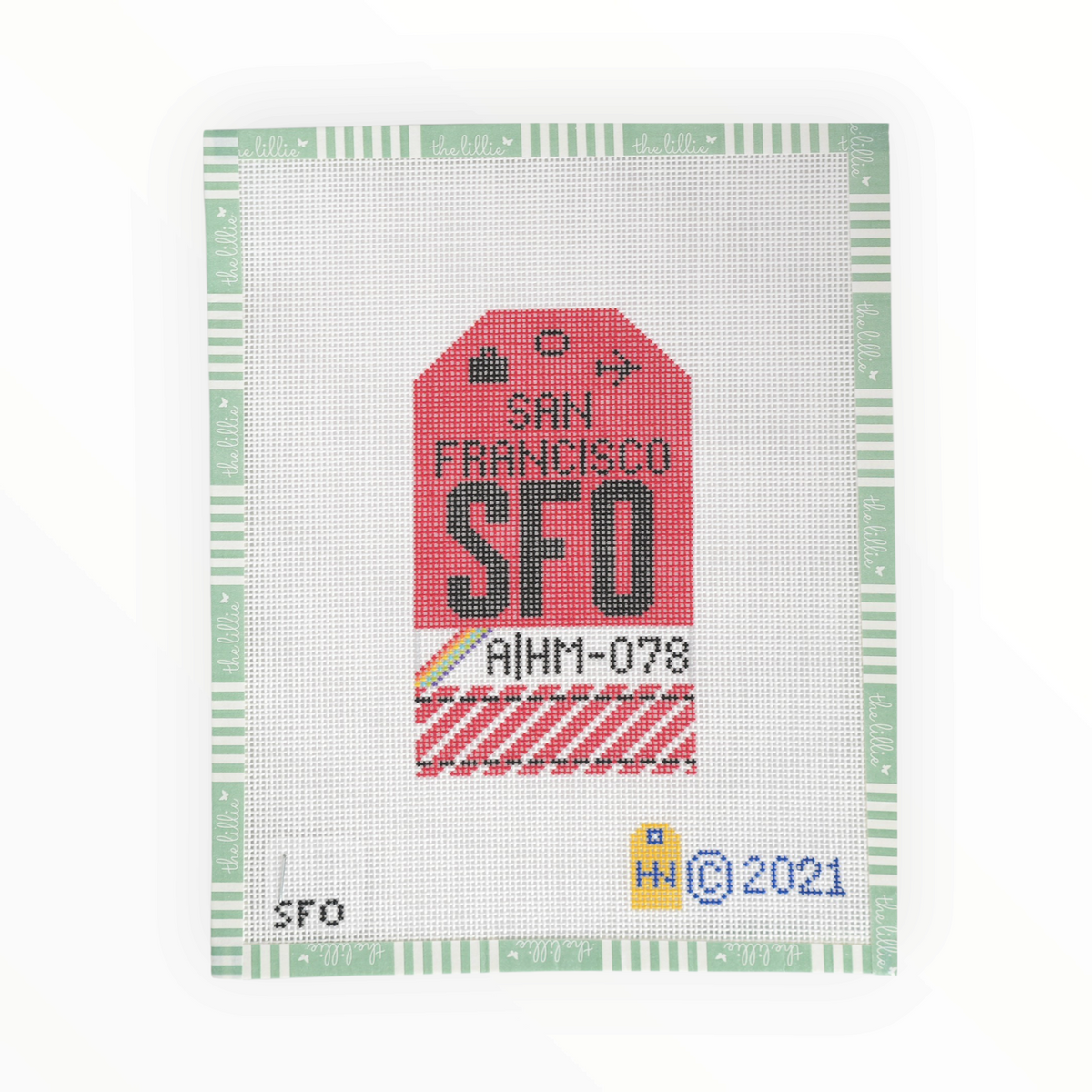 San Francisco Retro Travel Tag needlepoint canvas by Hedgehog Needlepoint, 18 mesh