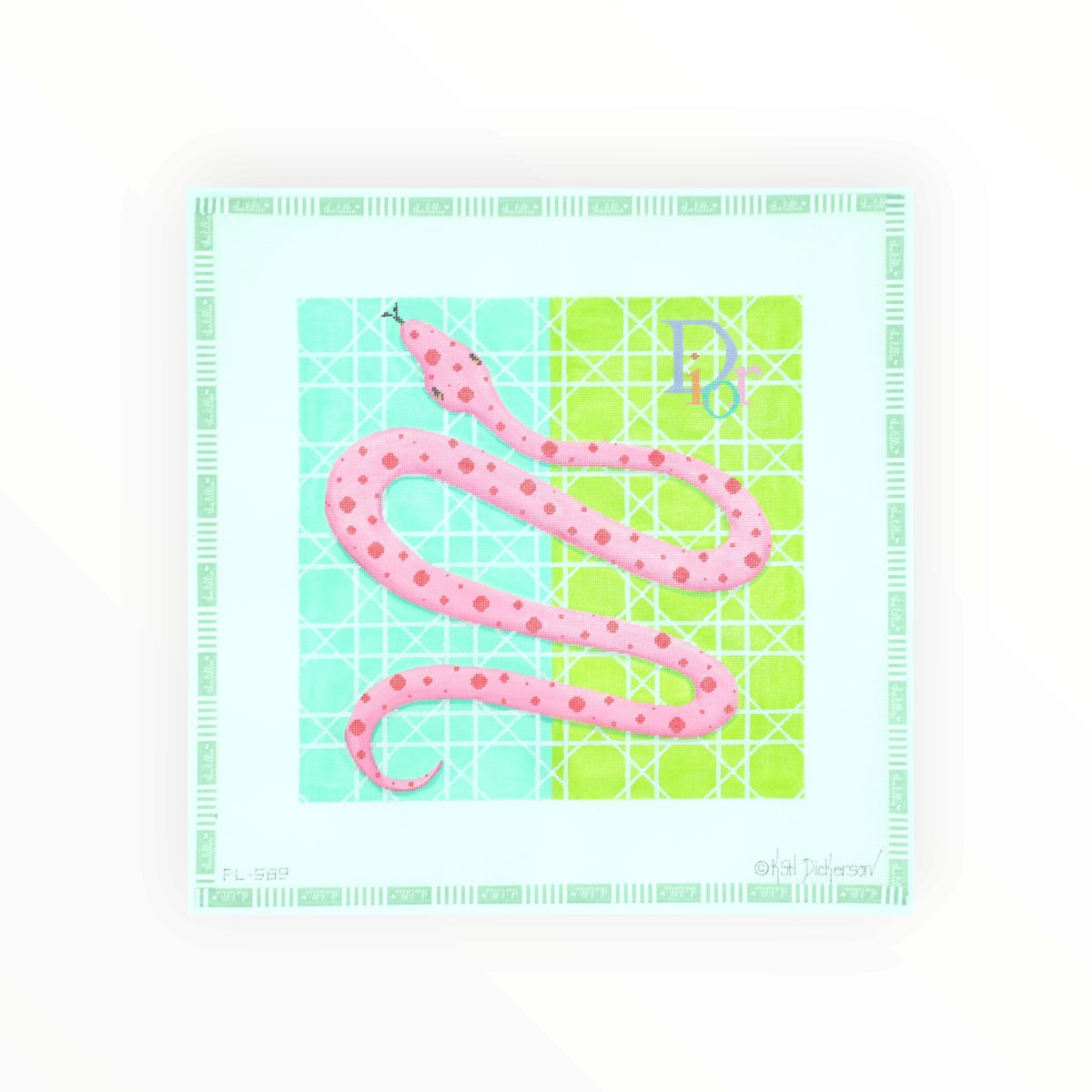 Designer Scarf Series – Dior-Inspired Pink Snake on Turquoise/Lime Background w/ Caning | Needlepoint Canvas