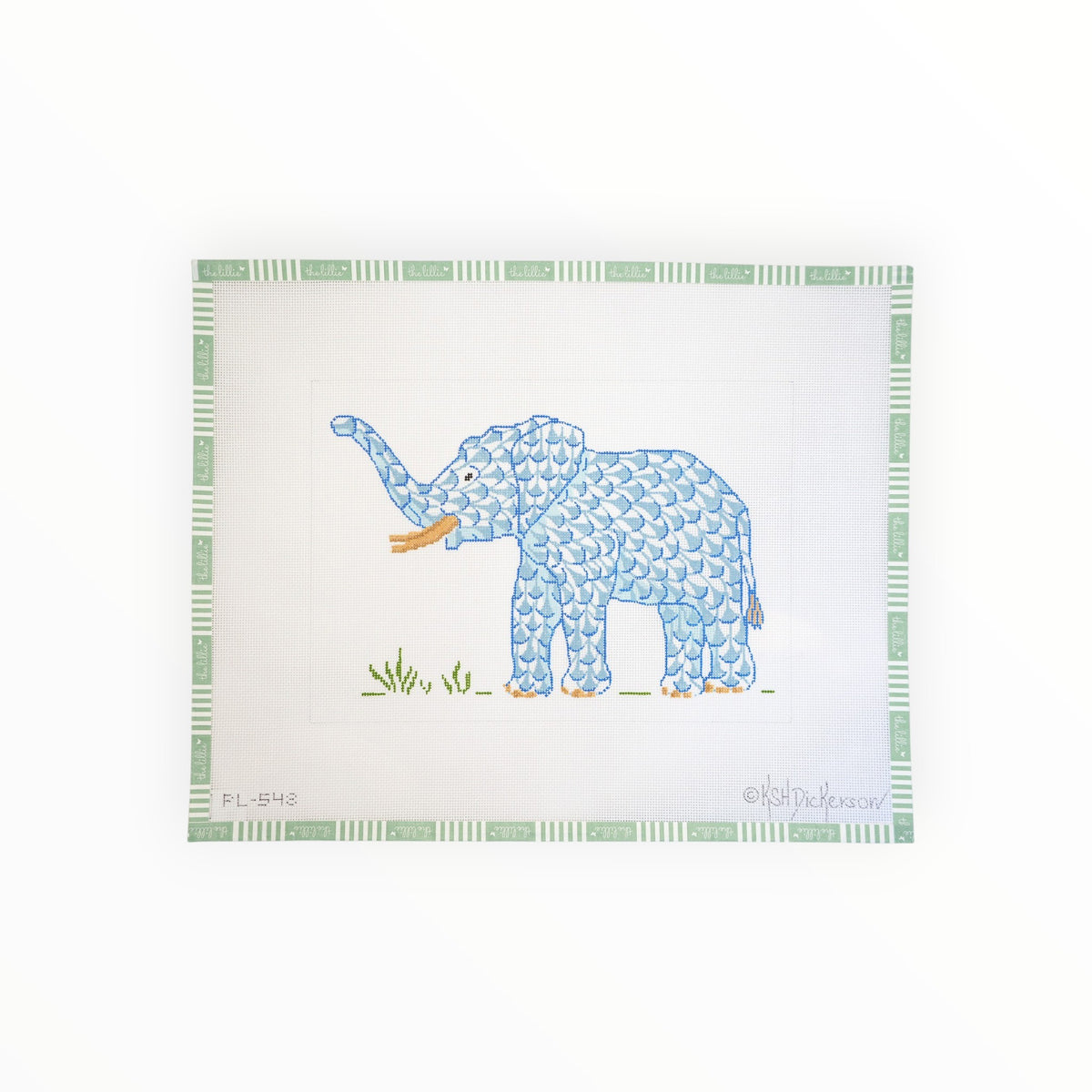 Herend-Inspired Elephant with Trunk Up – Blue w/ Gold | Needlepoint Canvas