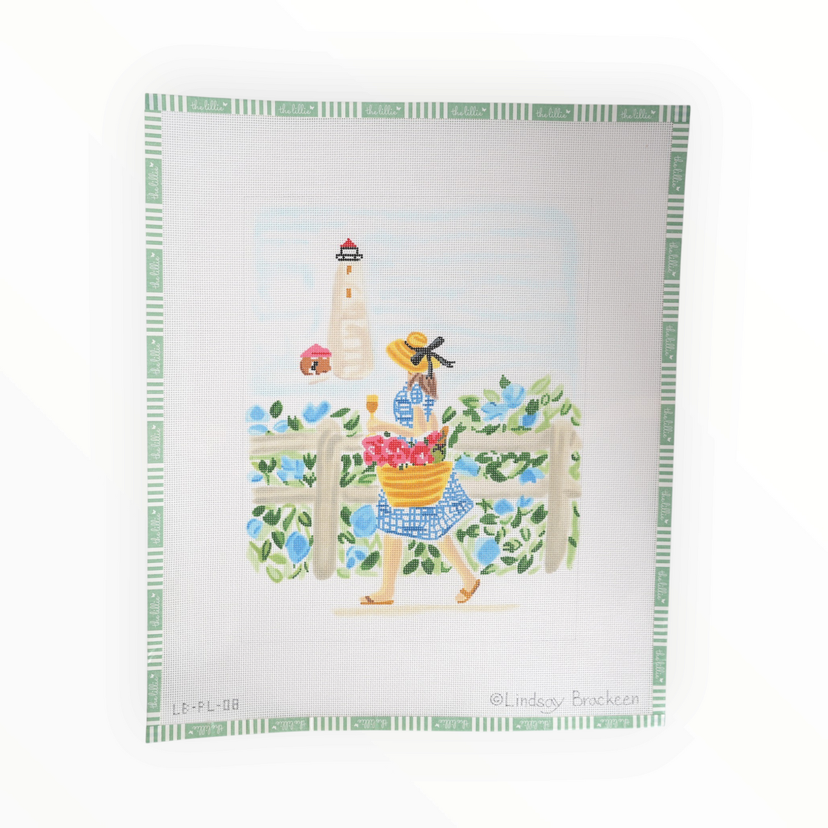 Summer Stroll – Blue Gingham Girl w/ Champagne & Lighthouse needlepoint canvas by Kate Dickerson, 18 mesh