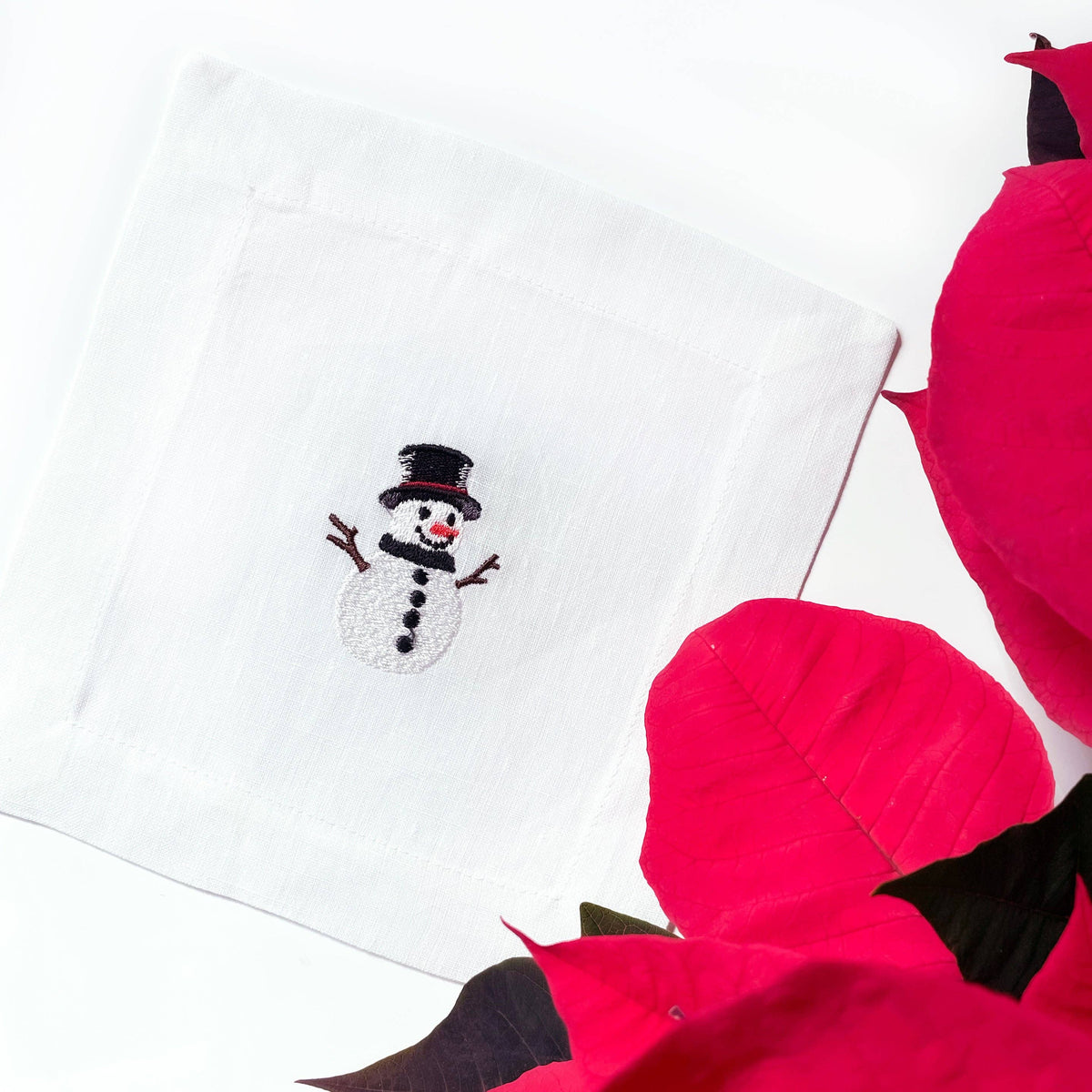 Embroidered Linen Cocktail Napkins - Christmas
