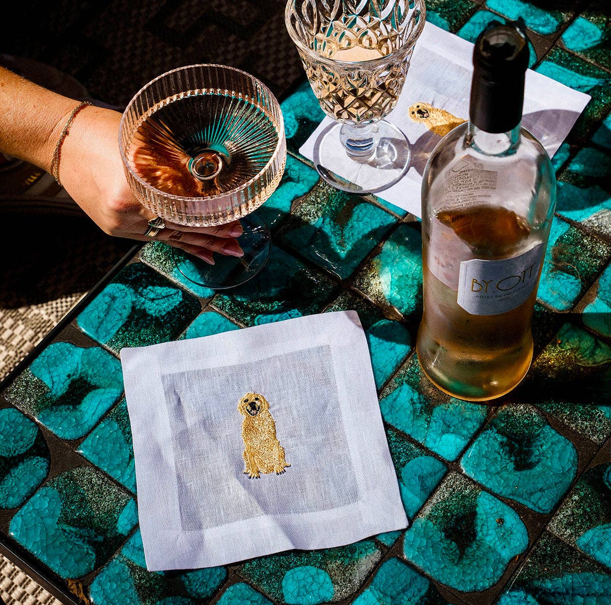 Embroidered Linen Cocktail Napkins - Golden Retriever