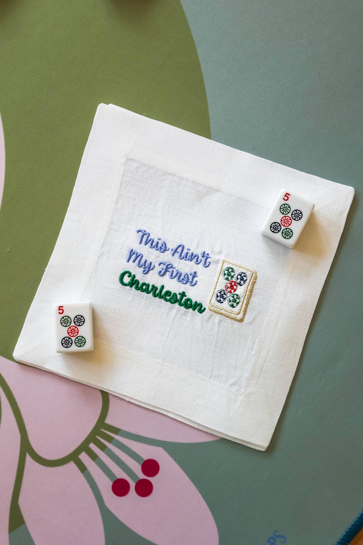 Embroidered Linen Cocktail Napkins - Mahjong