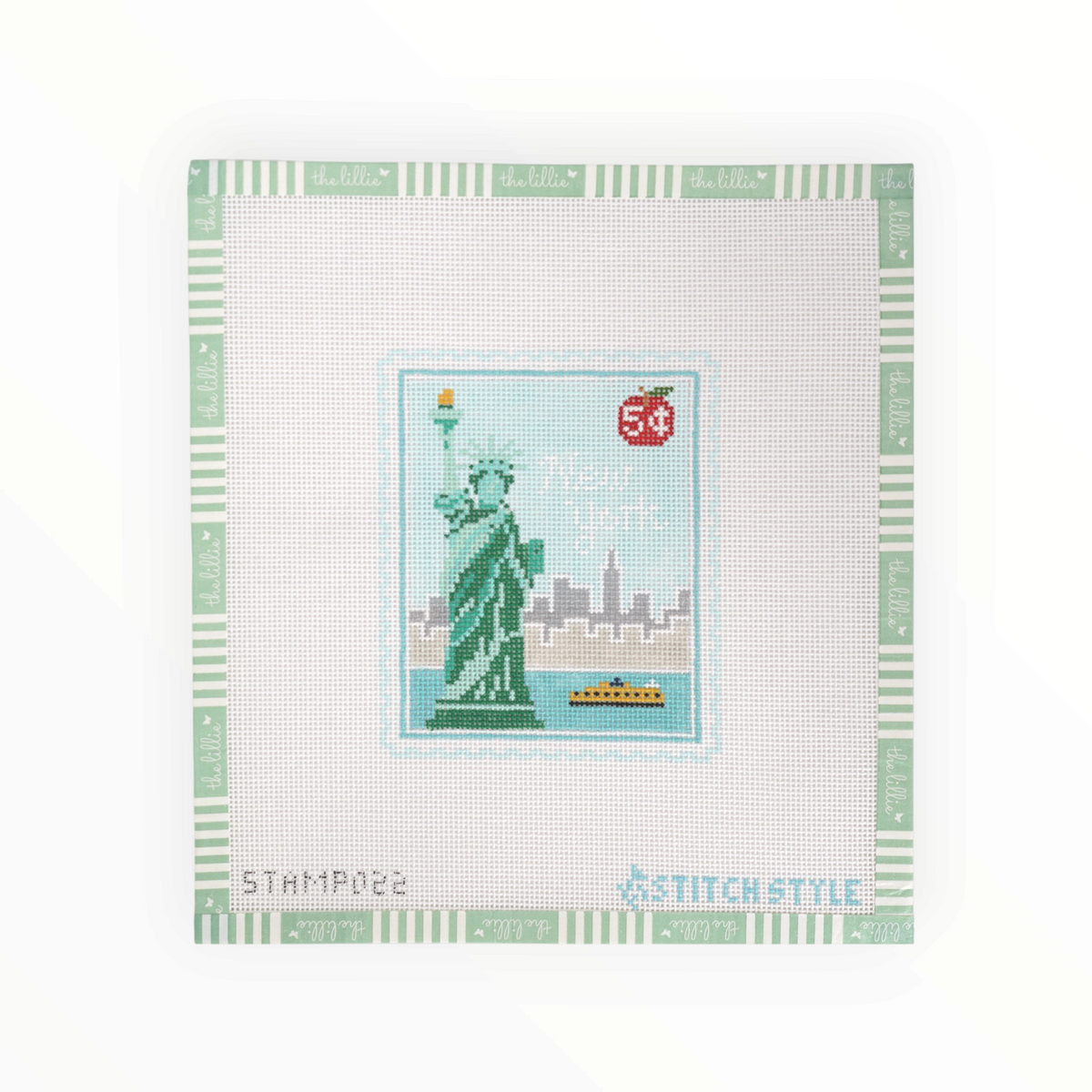 NYC Statue of Liberty Travel Stamp needlepoint canvas by Stitch Style, 18 mesh