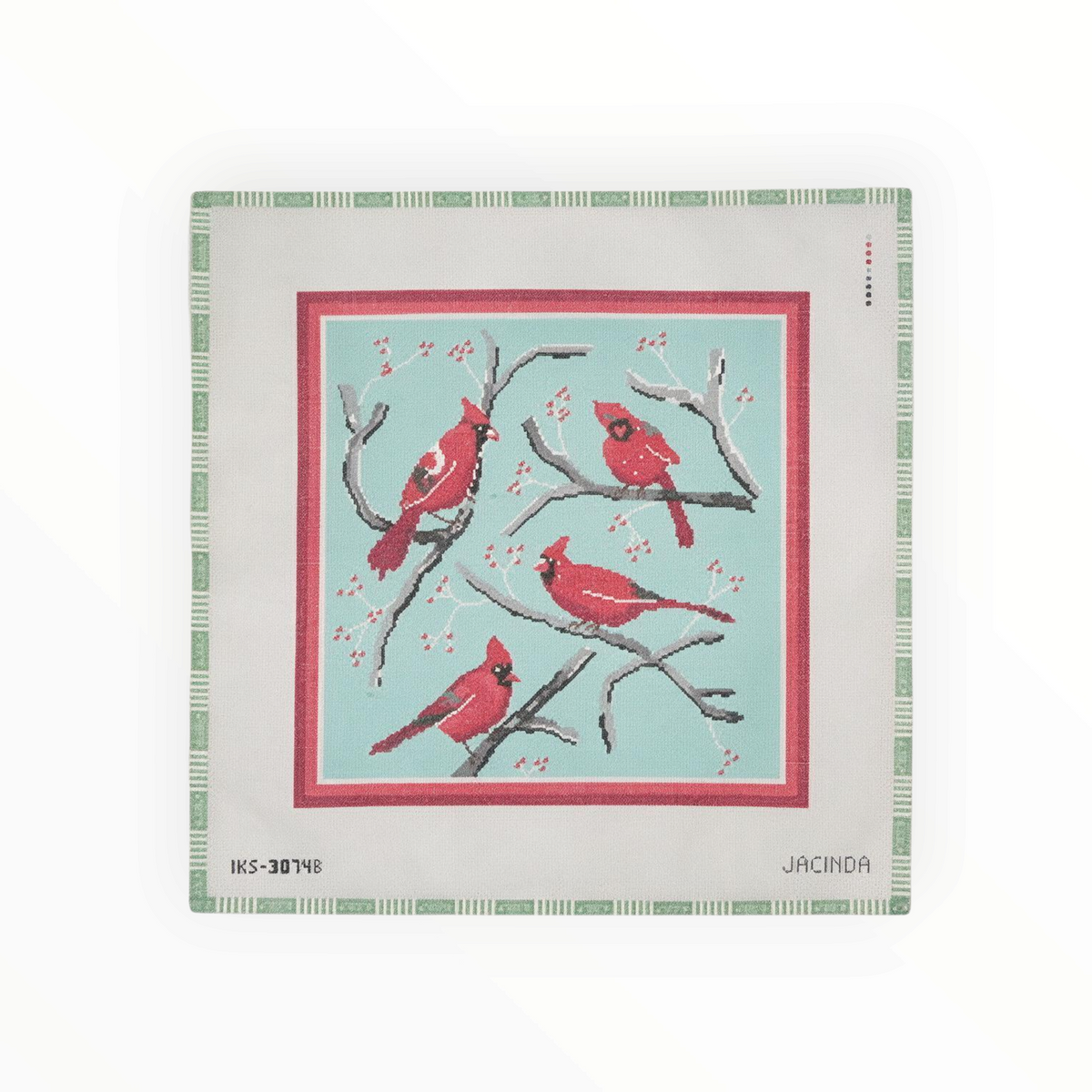 Large Winter Cardinals needlepoint canvas by Initial K Studio, 13 mesh